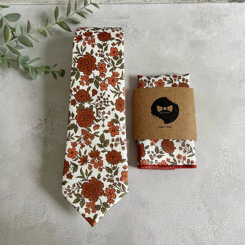 Burnt Orange Floral Necktie, Autumn Wedding Groom Accessory, Rust Brown Pattern, Handmade Men’s Tie
