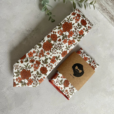 Burnt Orange Floral Necktie, Autumn Wedding Groom Accessory, Rust Brown Pattern, Handmade Men’s Tie