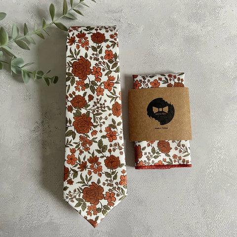 Burnt Orange Floral Necktie, Autumn Wedding Groom Accessory, Rust Brown Pattern, Handmade Men’s Tie