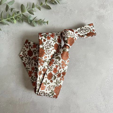 Burnt Orange Floral Necktie, Autumn Wedding Groom Accessory, Rust Brown Pattern, Handmade Men’s Tie