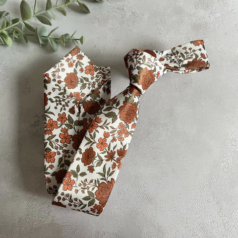 Burnt Orange Floral Necktie, Autumn Wedding Groom Accessory, Rust Brown Pattern, Handmade Men’s Tie