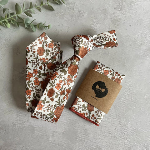 Burnt Orange Floral Necktie, Autumn Wedding Groom Accessory, Rust Brown Pattern, Handmade Men’s Tie