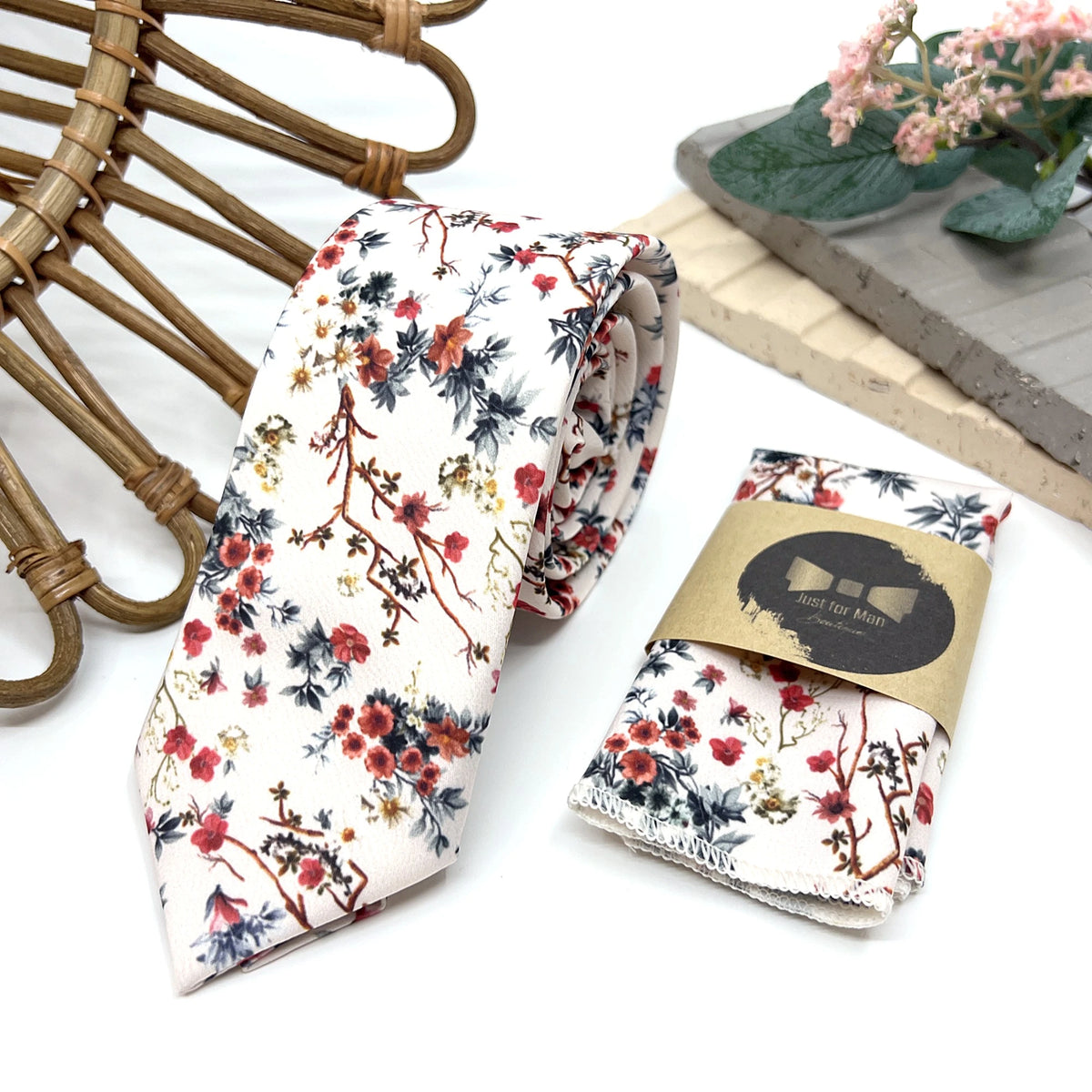 Ivory Rust Red Floral Tie Set, Mens Wedding Necktie and Pocket Square, Terracotta Floral Tie, Rustic Groomsmen Tie