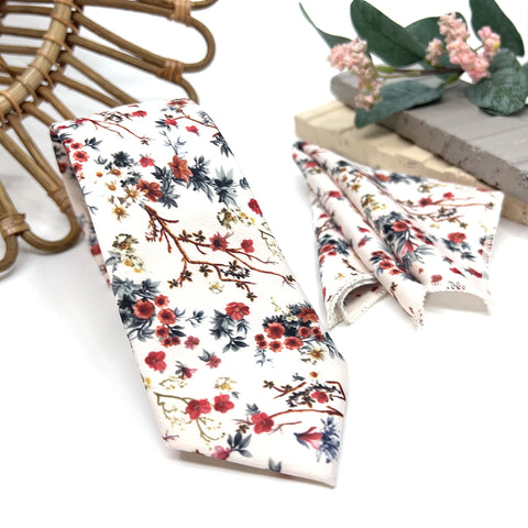 Ivory Rust Red Floral Tie Set, Mens Wedding Necktie and Pocket Square, Terracotta Floral Tie, Rustic Groomsmen Tie