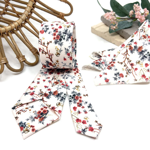 Ivory Rust Red Floral Tie Set, Mens Wedding Necktie and Pocket Square, Terracotta Floral Tie, Rustic Groomsmen Tie