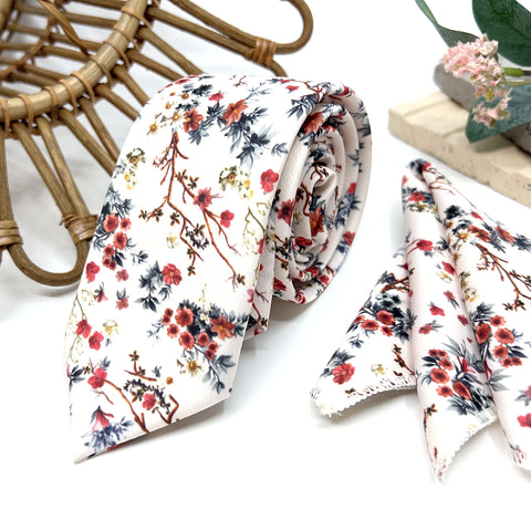 Ivory Rust Red Floral Tie Set, Mens Wedding Necktie and Pocket Square, Terracotta Floral Tie, Rustic Groomsmen Tie