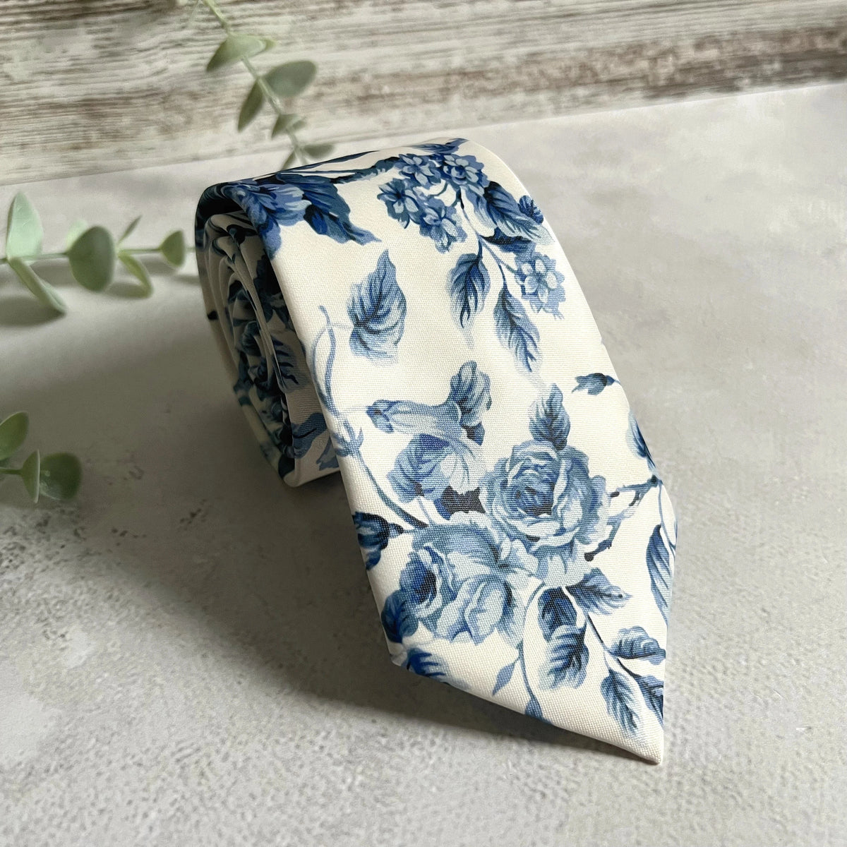 Blue Floral Necktie, Dusty Blue Wedding Groom Accessory, White Floral Pattern, Handmade Men’s Tie