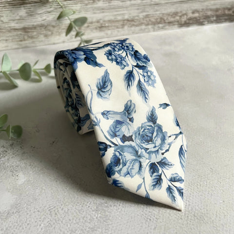 Blue Floral Necktie, Dusty Blue Wedding Groom Accessory, White Floral Pattern, Handmade Men’s Tie