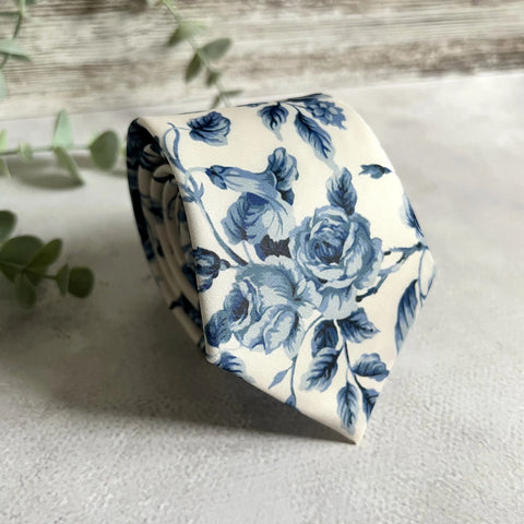Blue Floral Necktie, Dusty Blue Wedding Groom Accessory, White Floral Pattern, Handmade Men’s Tie
