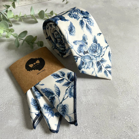 Blue Floral Necktie, Dusty Blue Wedding Groom Accessory, White Floral Pattern, Handmade Men’s Tie