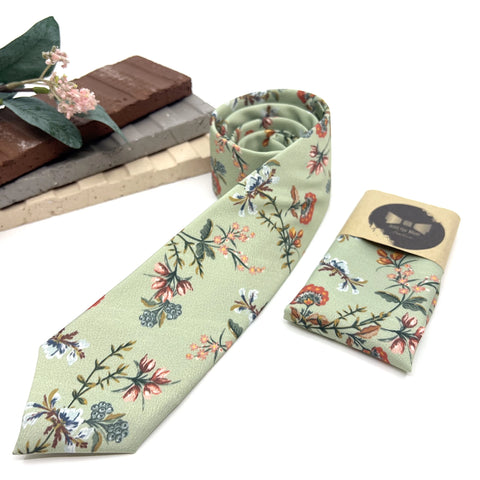 Sage Green Floral Tie Set, Mens Wedding Necktie and Pocket Square, Rustic Boho Groomsmen Tie, Dusty Green Floral Necktie