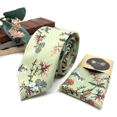Sage Green Floral Tie Set, Mens Wedding Necktie and Pocket Square, Rustic Boho Groomsmen Tie, Dusty Green Floral Necktie