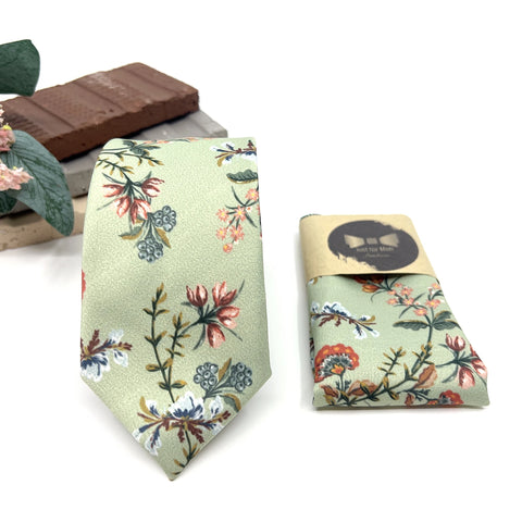 Sage Green Floral Tie Set, Mens Wedding Necktie and Pocket Square, Rustic Boho Groomsmen Tie, Dusty Green Floral Necktie