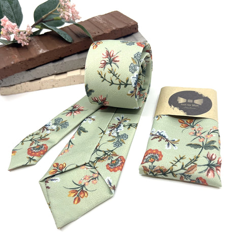 Sage Green Floral Tie Set, Mens Wedding Necktie and Pocket Square, Rustic Boho Groomsmen Tie, Dusty Green Floral Necktie