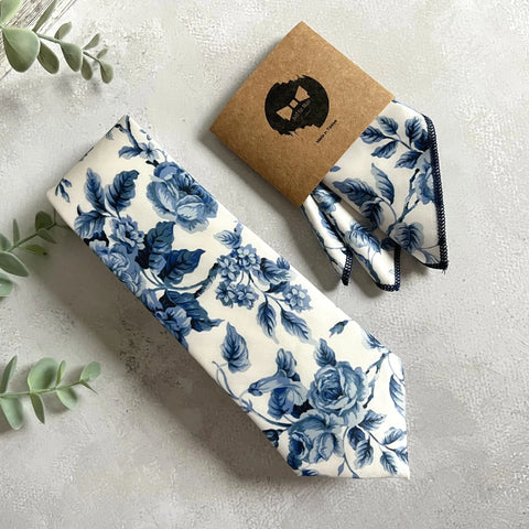 Blue Floral Necktie, Dusty Blue Wedding Groom Accessory, White Floral Pattern, Handmade Men’s Tie