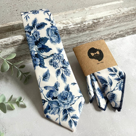 Blue Floral Necktie, Dusty Blue Wedding Groom Accessory, White Floral Pattern, Handmade Men’s Tie