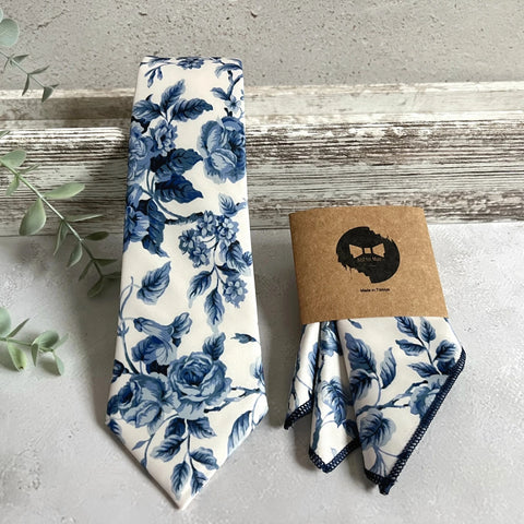 Blue Floral Necktie, Dusty Blue Wedding Groom Accessory, White Floral Pattern, Handmade Men’s Tie