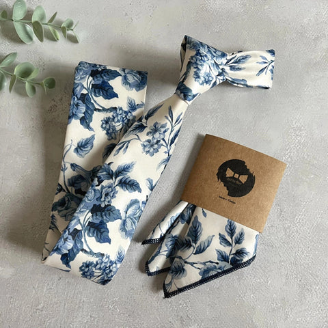 Blue Floral Necktie, Dusty Blue Wedding Groom Accessory, White Floral Pattern, Handmade Men’s Tie