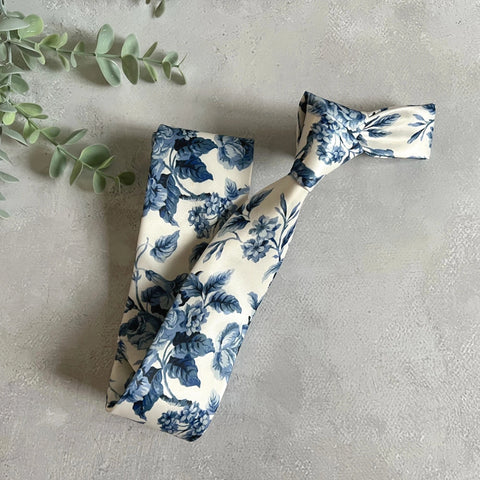 Blue Floral Necktie, Dusty Blue Wedding Groom Accessory, White Floral Pattern, Handmade Men’s Tie