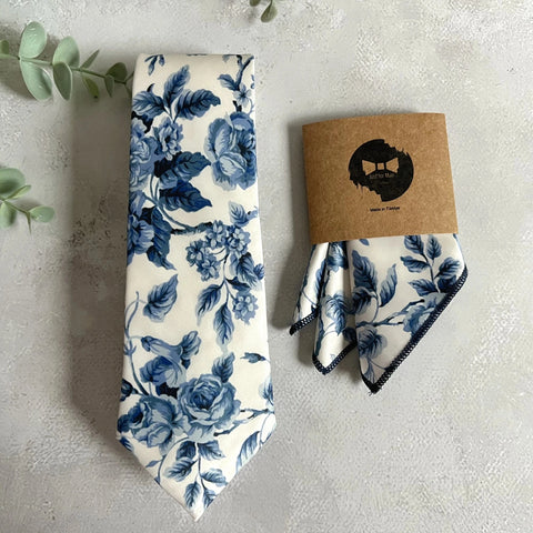 Blue Floral Necktie, Dusty Blue Wedding Groom Accessory, White Floral Pattern, Handmade Men’s Tie
