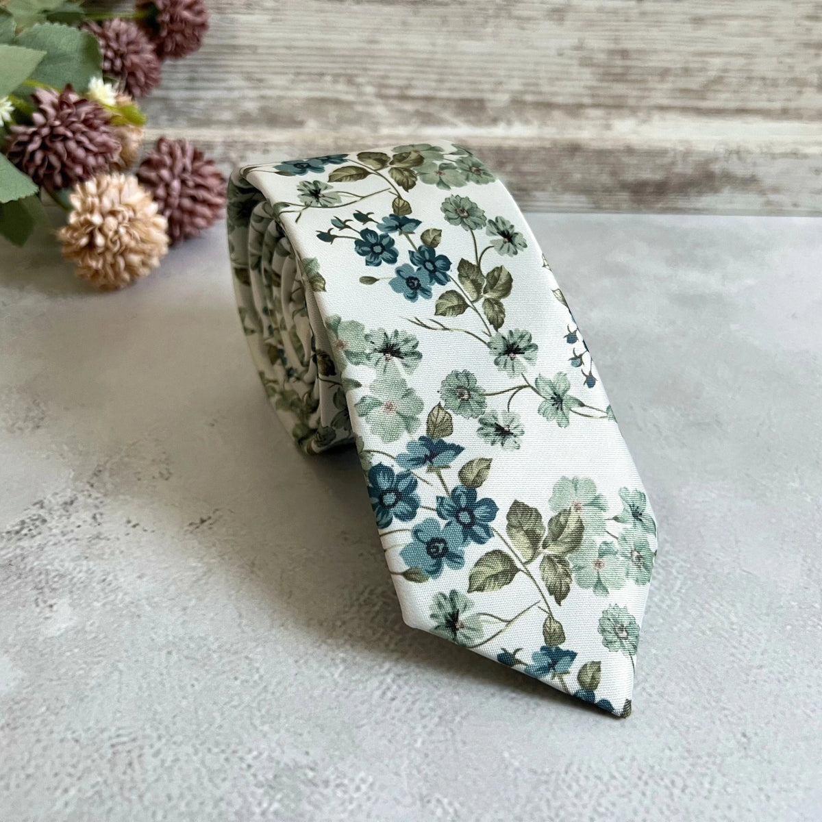 Ivory Floral Necktie with Sage Green & Dusty Blue, Boho Wedding Tie, Groomsmen Necktie, Handmade Men Tie