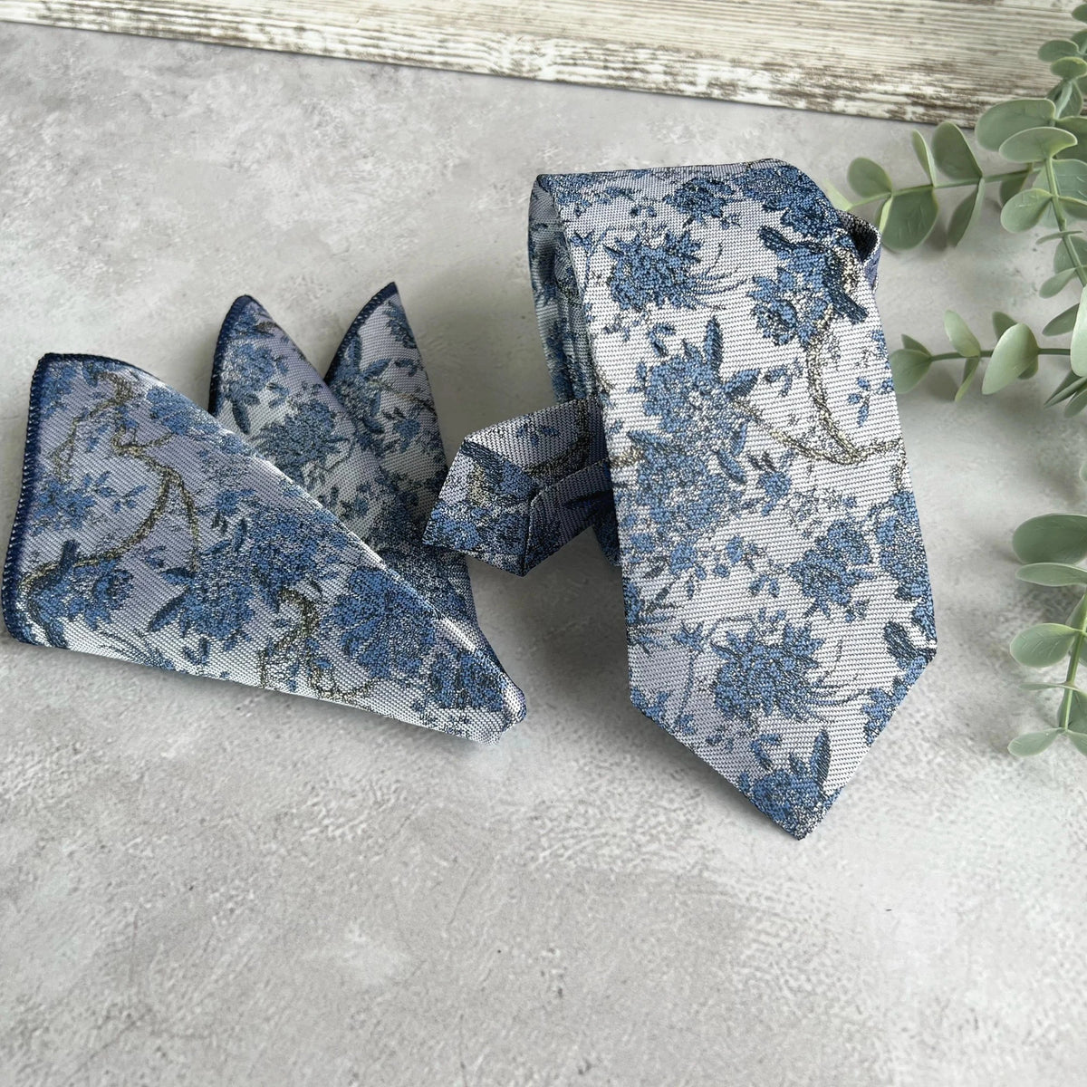 Dusty Blue Floral Woven Tie on Light Gray, Unique Wedding Necktie