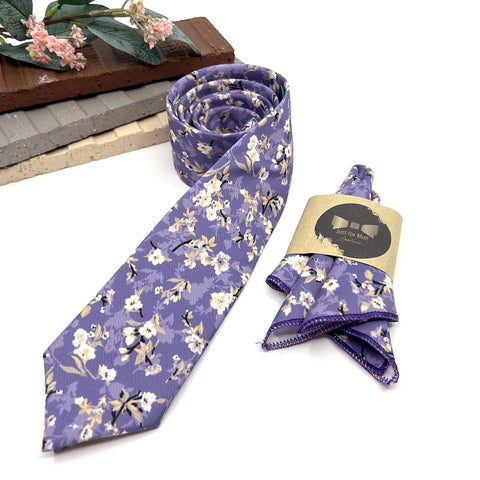 Lavender Floral Tie Set, Mens Wedding Necktie and Pocket Square, Dusty Purple Groomsmen Tie, Lilac Floral Necktie