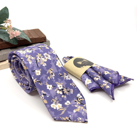 Lavender Floral Tie Set, Mens Wedding Necktie and Pocket Square, Dusty Purple Groomsmen Tie, Lilac Floral Necktie