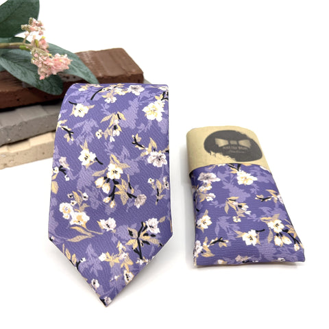 Lavender Floral Tie Set, Mens Wedding Necktie and Pocket Square, Dusty Purple Groomsmen Tie, Lilac Floral Necktie
