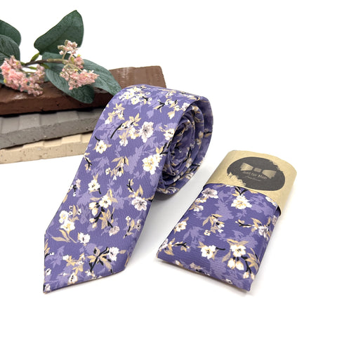Lavender Floral Tie Set, Mens Wedding Necktie and Pocket Square, Dusty Purple Groomsmen Tie, Lilac Floral Necktie