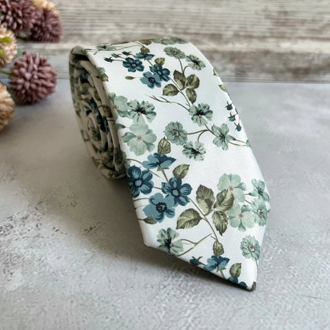 Ivory Floral Necktie with Sage Green & Dusty Blue, Boho Wedding Tie, Groomsmen Necktie, Handmade Men Tie