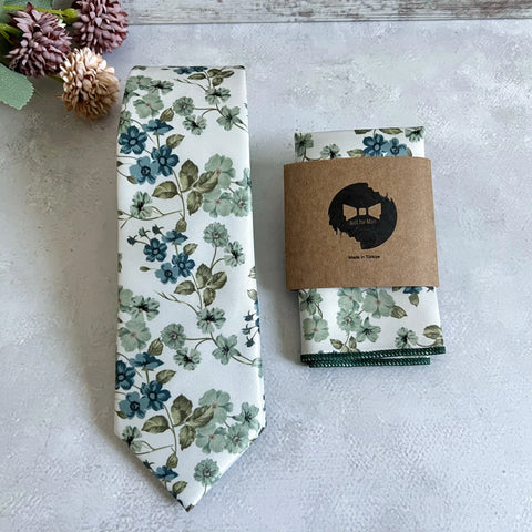 Ivory Floral Necktie with Sage Green & Dusty Blue, Boho Wedding Tie, Groomsmen Necktie, Handmade Men Tie