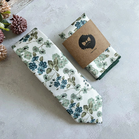 Ivory Floral Necktie with Sage Green & Dusty Blue, Boho Wedding Tie, Groomsmen Necktie, Handmade Men Tie