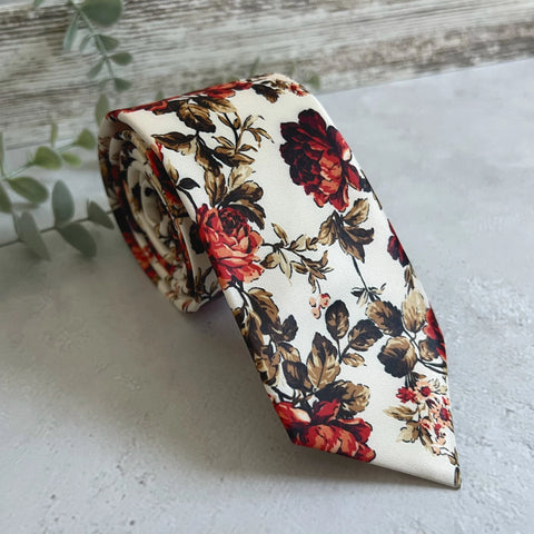 Ivory Wine Red Floral Tie Set Wedding Necktie & Pocket Square for Groom Groomsmen Boho Fall