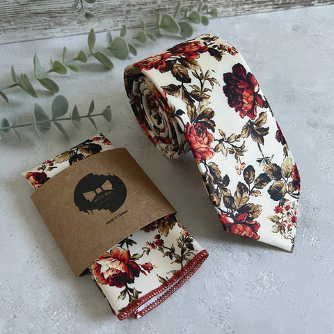 Ivory Wine Red Floral Tie Set Wedding Necktie & Pocket Square for Groom Groomsmen Boho Fall