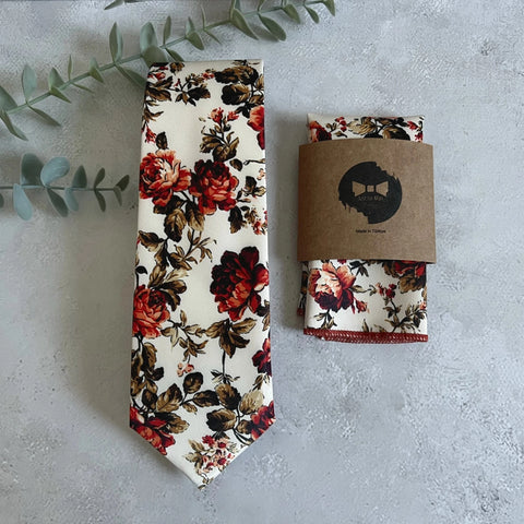 Ivory Wine Red Floral Tie Set Wedding Necktie & Pocket Square for Groom Groomsmen Boho Fall