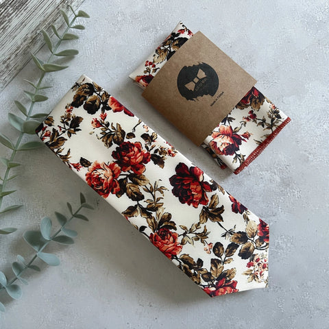 Ivory Wine Red Floral Tie Set Wedding Necktie & Pocket Square for Groom Groomsmen Boho Fall
