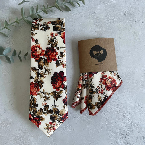 Ivory Wine Red Floral Tie Set Wedding Necktie & Pocket Square for Groom Groomsmen Boho Fall