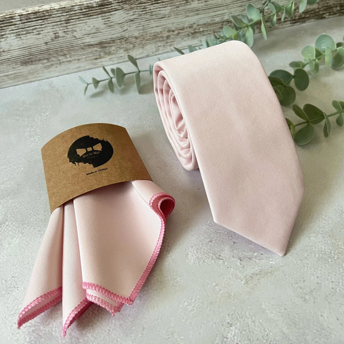 Blush Pink Tie Set Cotton Twill Necktie & Pocket Square Wedding Set for Groom Groomsmen