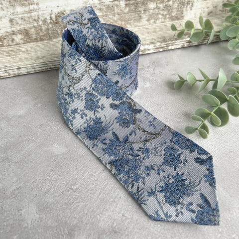 Dusty Blue Floral Woven Tie on Light Gray, Unique Wedding Necktie