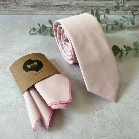 Blush Pink Tie Set Cotton Twill Necktie & Pocket Square Wedding Set for Groom Groomsmen