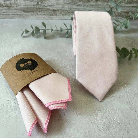 Blush Pink Tie Set Cotton Twill Necktie & Pocket Square Wedding Set for Groom Groomsmen
