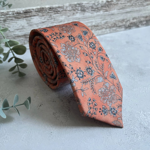 Burnt Orange Floral Necktie, Autumn Wedding Tie for Groom, Boho Floral Tie Set, Groomsmen Necktie, Handmade Men Tie