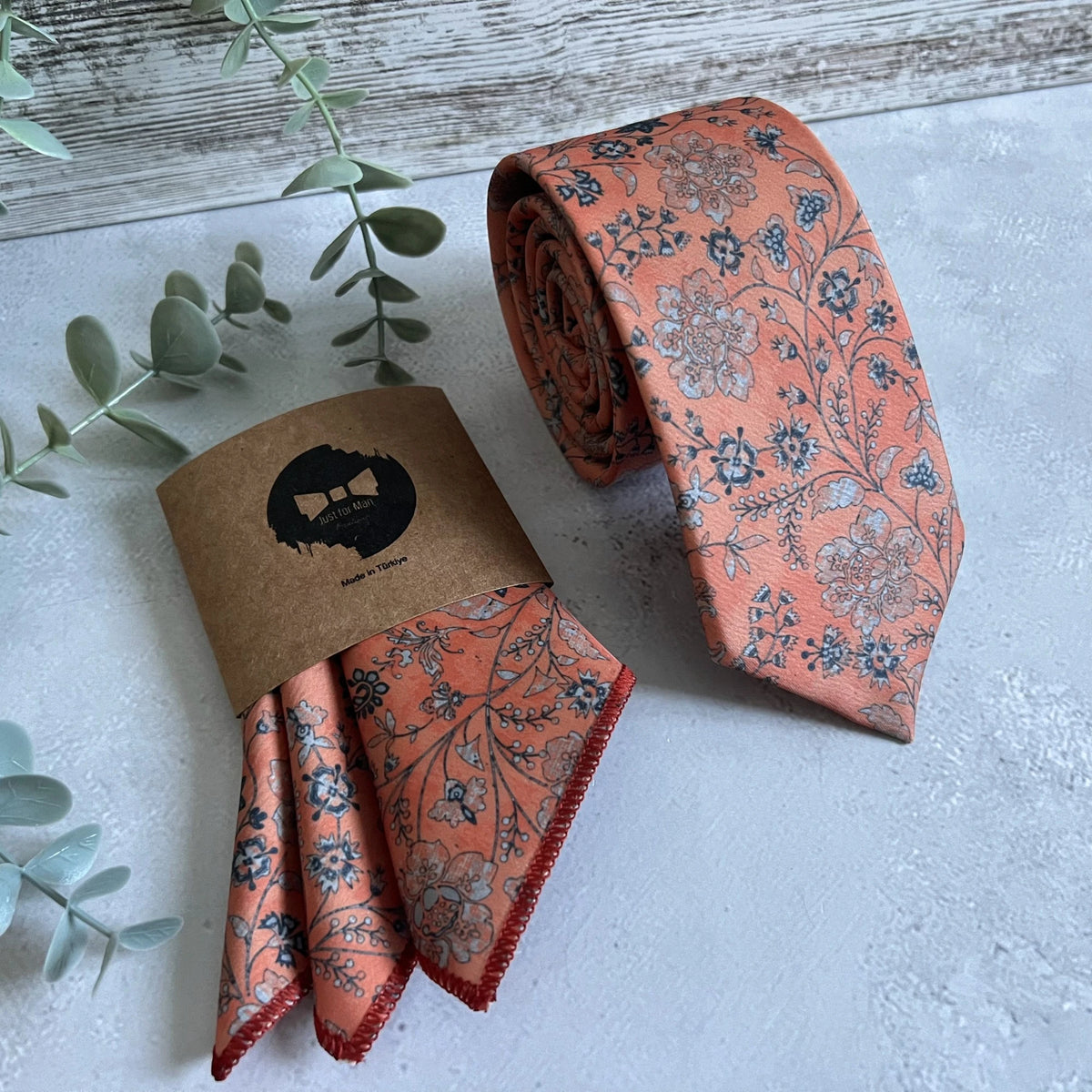 Burnt Orange Floral Necktie, Autumn Wedding Tie for Groom, Boho Floral Tie Set, Groomsmen Necktie, Handmade Men Tie