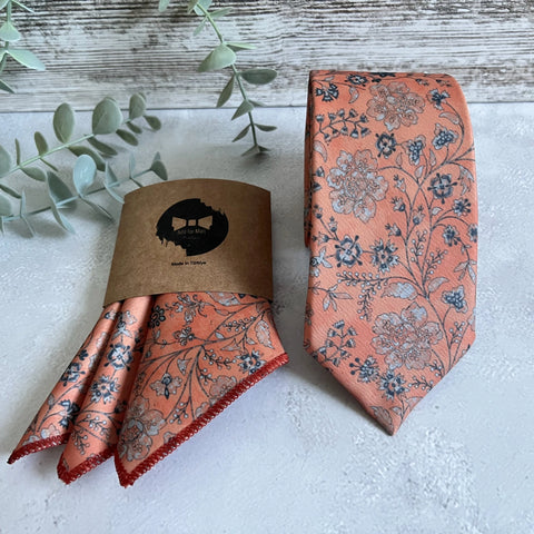 Burnt Orange Floral Necktie, Autumn Wedding Tie for Groom, Boho Floral Tie Set, Groomsmen Necktie, Handmade Men Tie