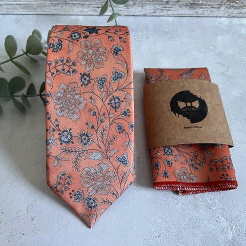 Burnt Orange Floral Necktie, Autumn Wedding Tie for Groom, Boho Floral Tie Set, Groomsmen Necktie, Handmade Men Tie