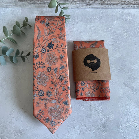 Burnt Orange Floral Necktie, Autumn Wedding Tie for Groom, Boho Floral Tie Set, Groomsmen Necktie, Handmade Men Tie
