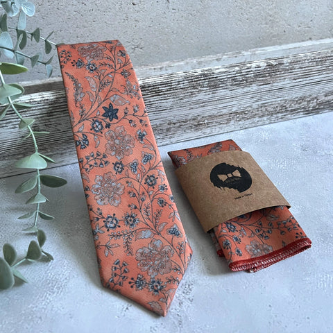 Burnt Orange Floral Necktie, Autumn Wedding Tie for Groom, Boho Floral Tie Set, Groomsmen Necktie, Handmade Men Tie