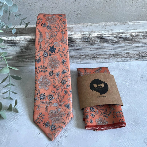 Burnt Orange Floral Necktie, Autumn Wedding Tie for Groom, Boho Floral Tie Set, Groomsmen Necktie, Handmade Men Tie
