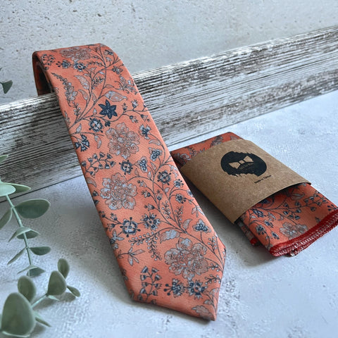 Burnt Orange Floral Necktie, Autumn Wedding Tie for Groom, Boho Floral Tie Set, Groomsmen Necktie, Handmade Men Tie